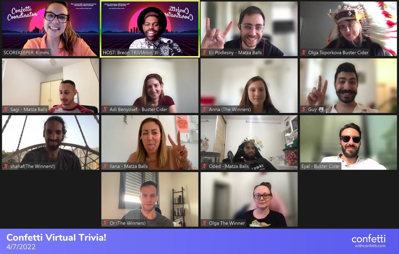 A Zoom screen showing the smiling faces of Confetti's R&D team after playing our virtual zoom trivia experience.