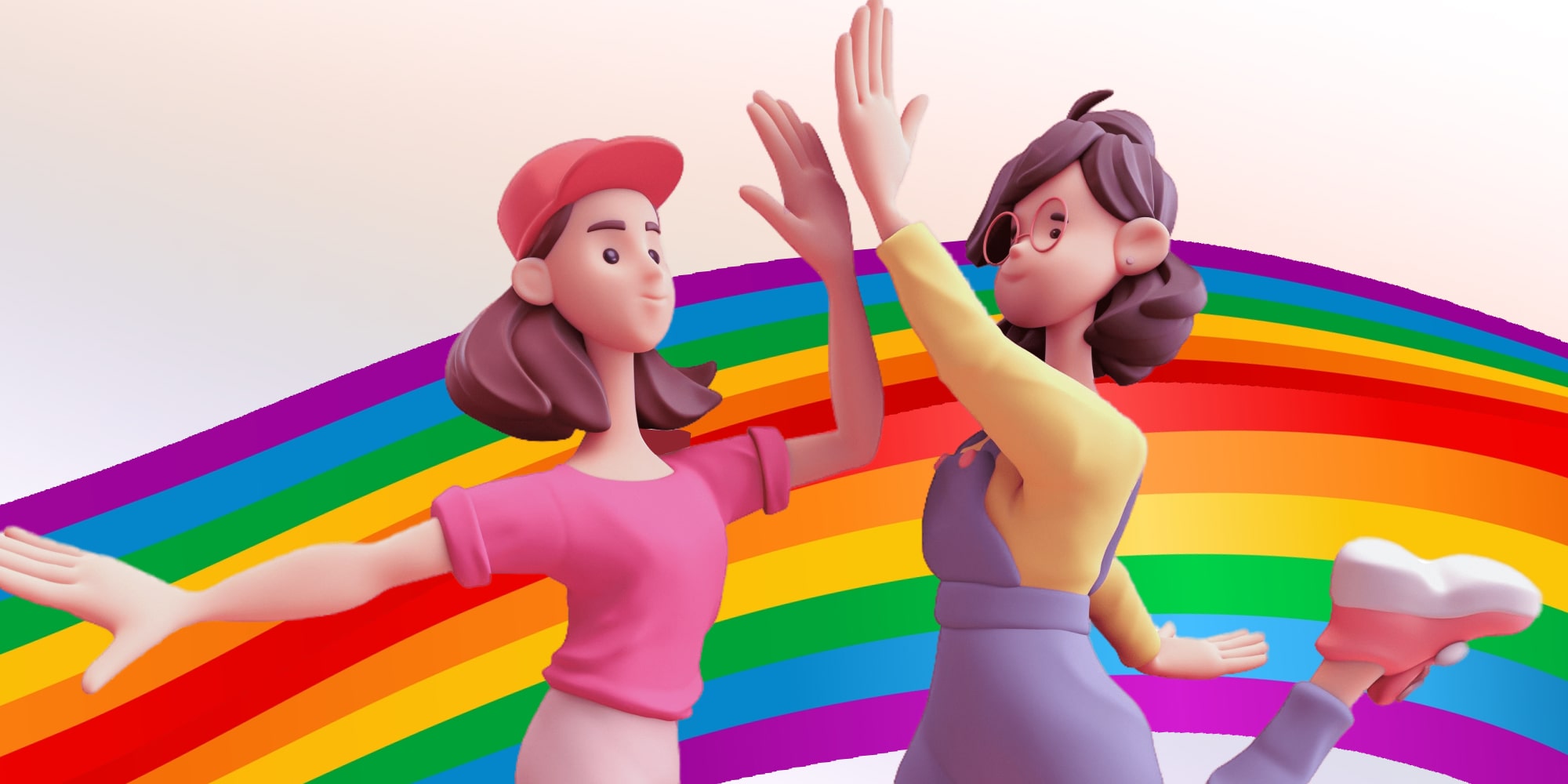 Two women high-fiving in front of a rainbow