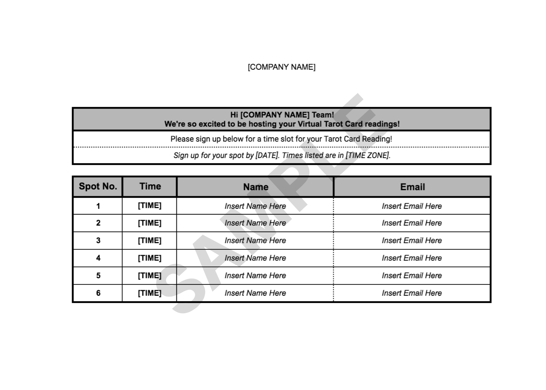 Sample Tarot Card Reading Sign-Up Sheet