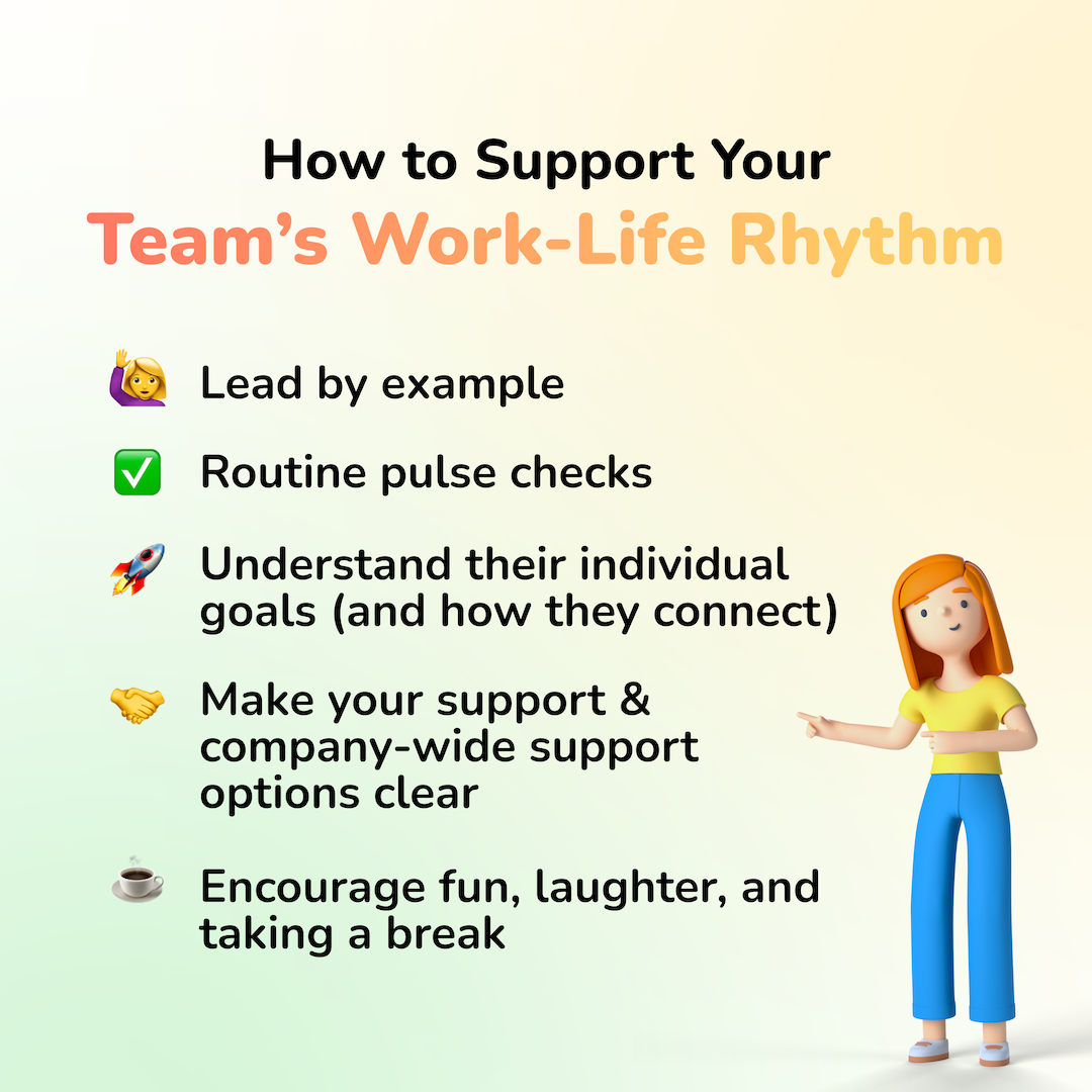 Text overlay reads: How to Support Your Team's Work-Life Rhythm. 1. Lead by example 2. Routine pulse checks 3. Understanding their individuals goals (and how they connect) 4. Make your support & company-wide support options clear 5. Encourage fun, laughter, and take a break