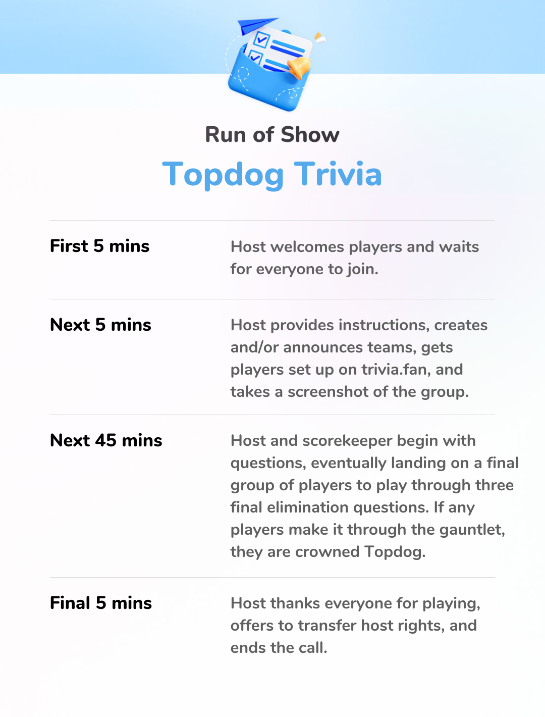 Topdog Trivia - Run of Show