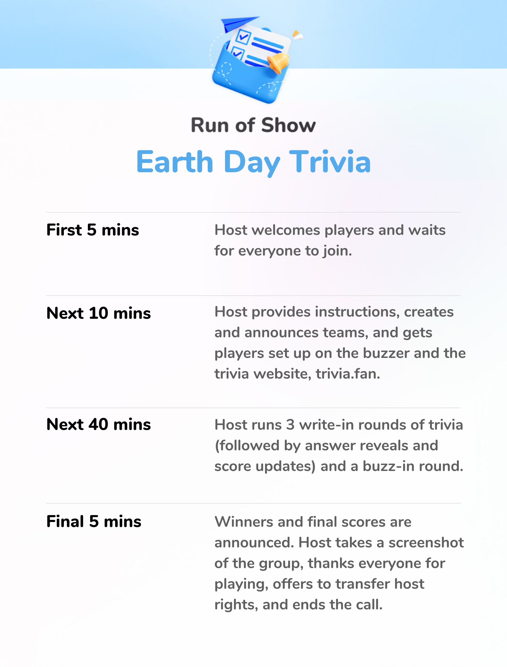 Earth Day Trivia - Run of Show