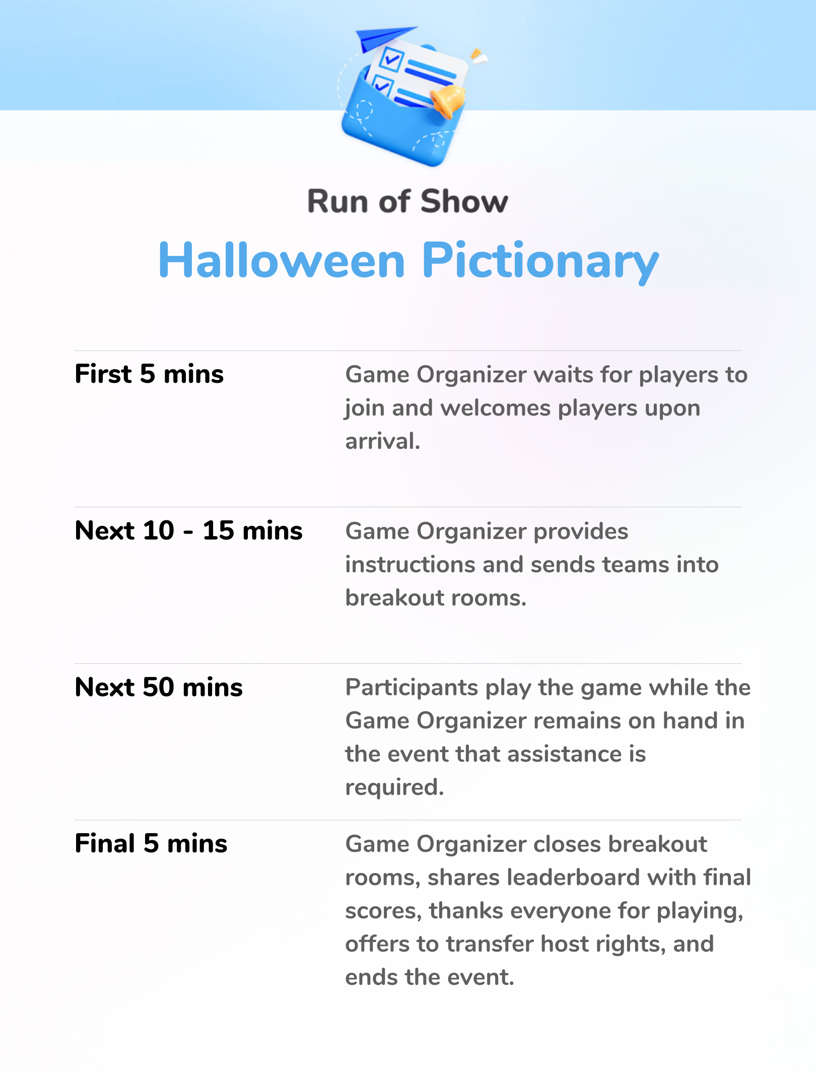 Halloween Pictionary - Run of Show