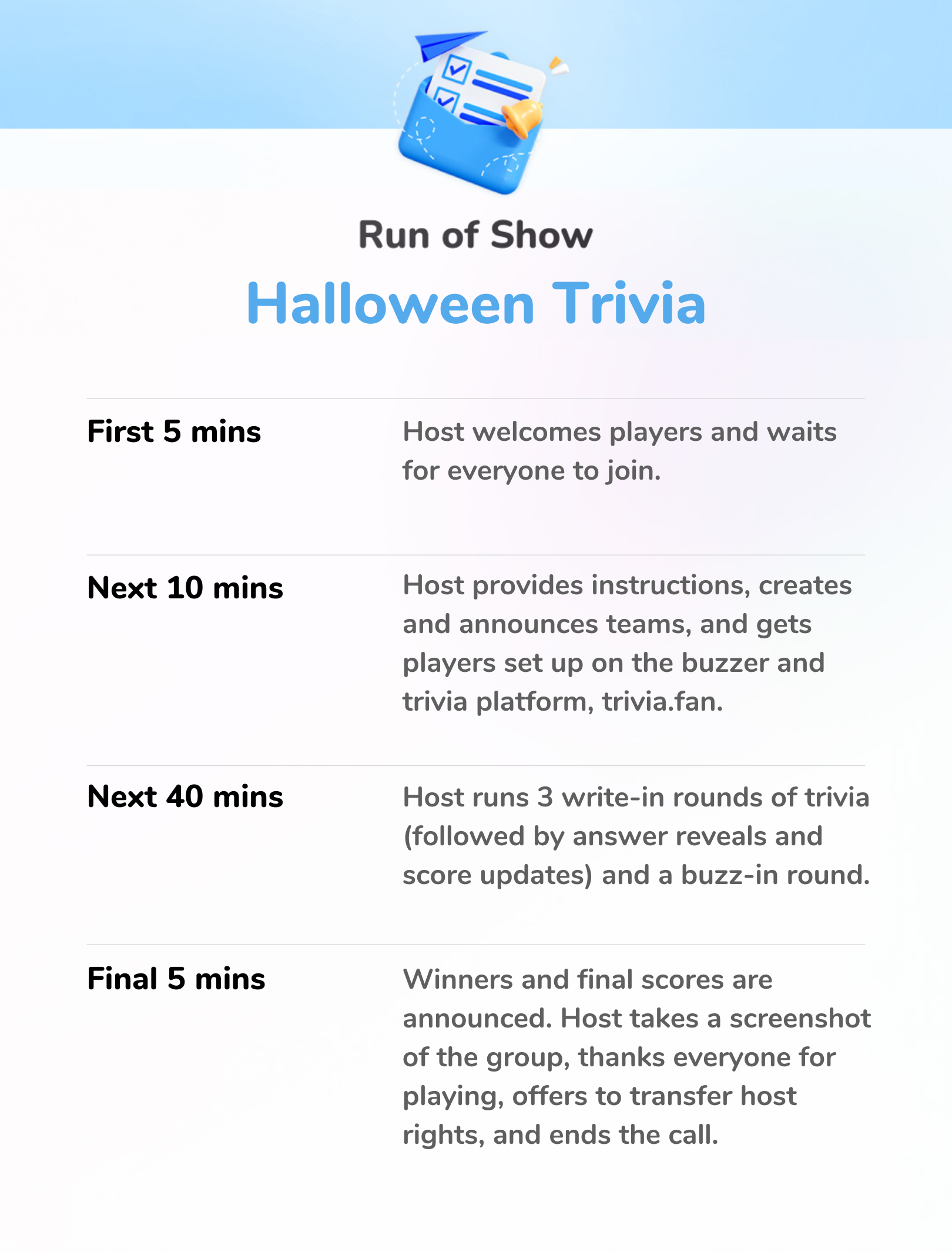 Halloween Trivia - Run of Show