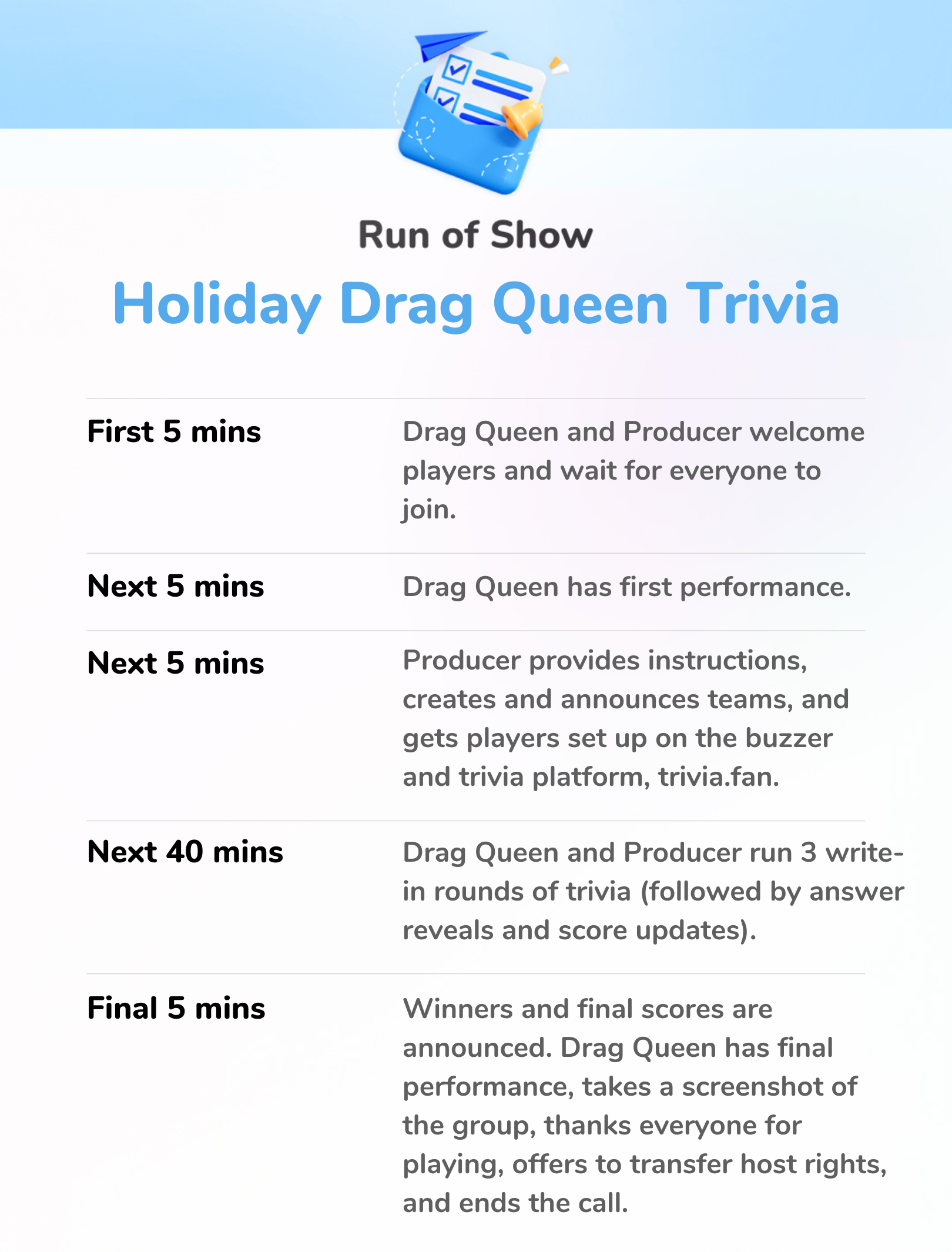 Holiday Drag Queen Trivia - Run of Show