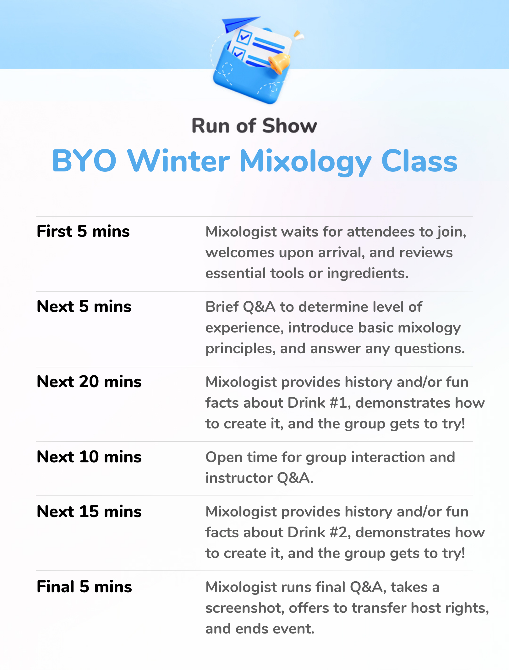 BYO Winter Mixology Class - Run of Show 