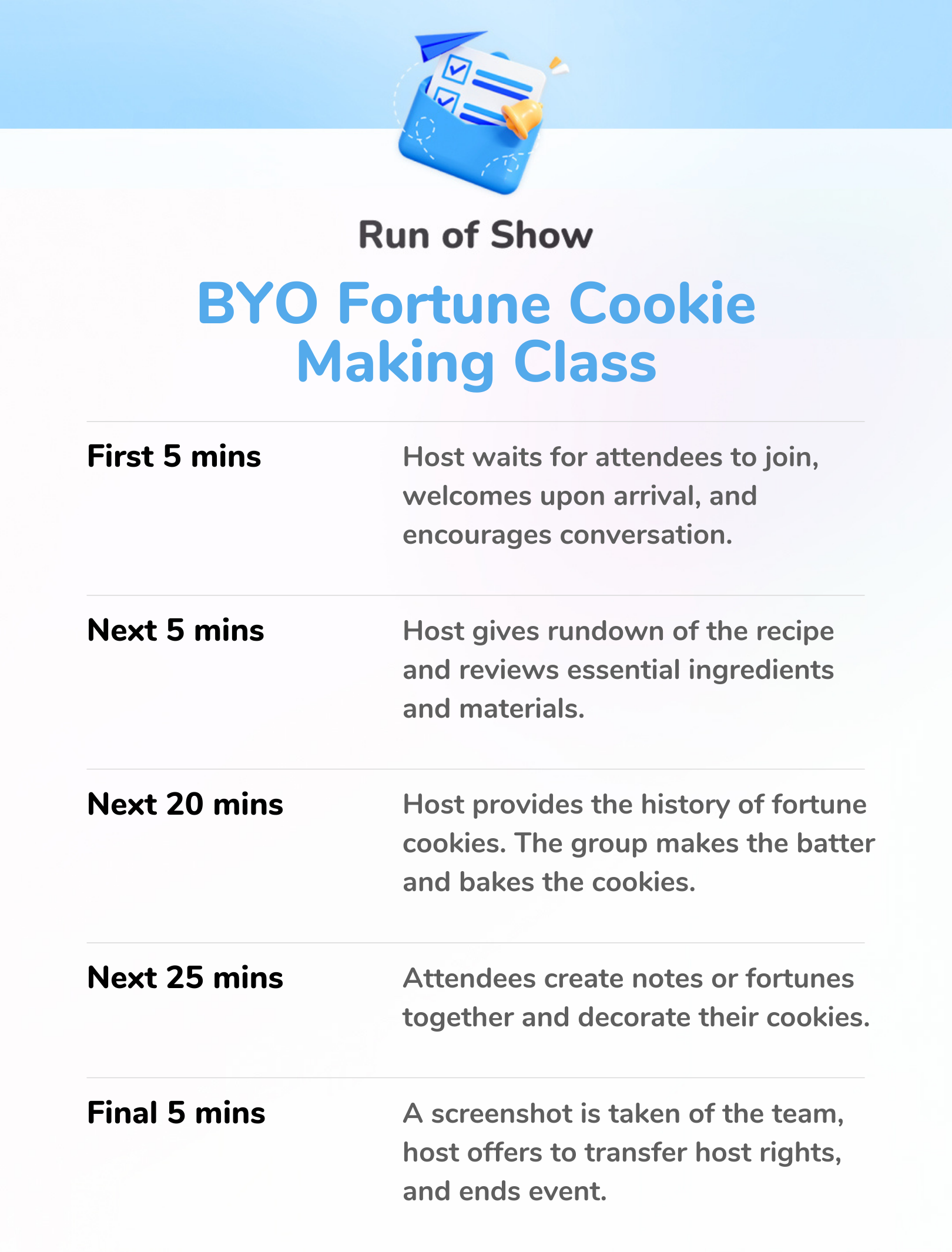 BYO Fortune Cookie Making Class - Run of Show