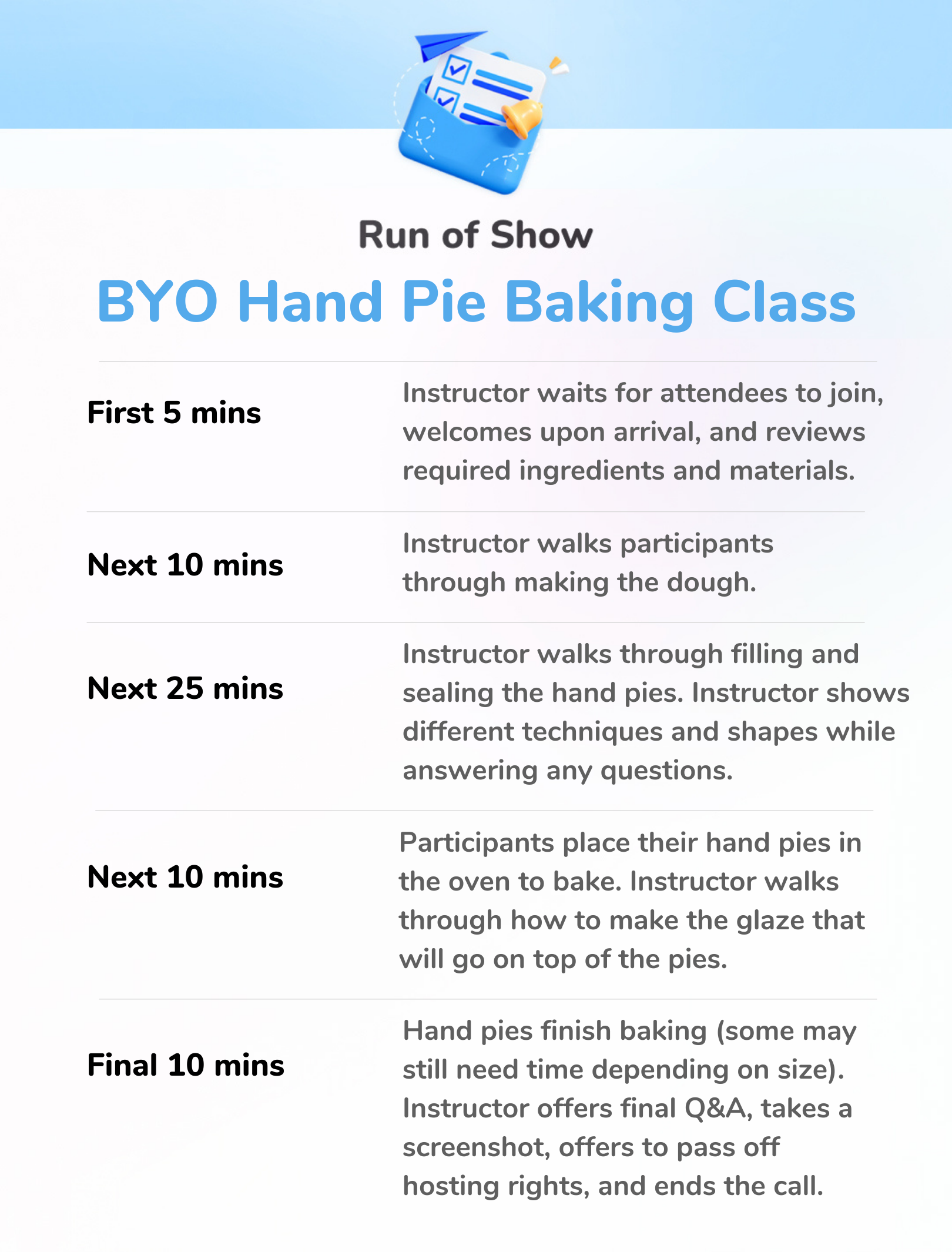 BYO Hand Pie Baking Class - Run of Show 