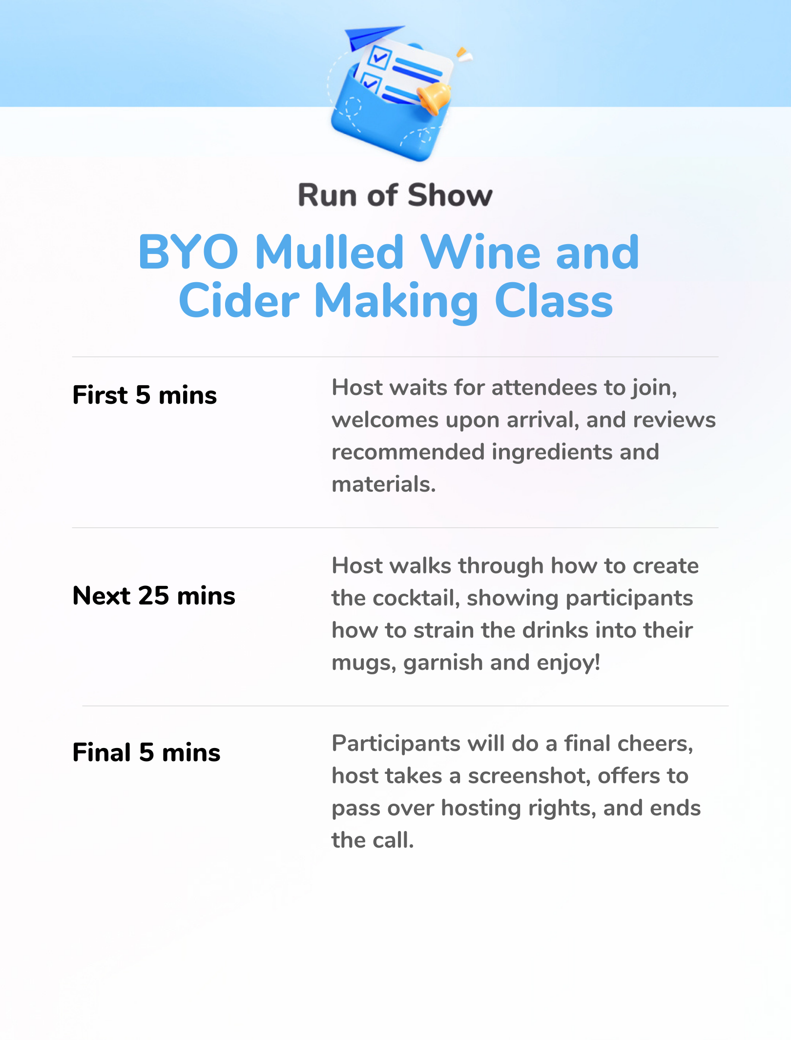 Shortened BYO Mulled Wine & Cider Making Class - Run of Show