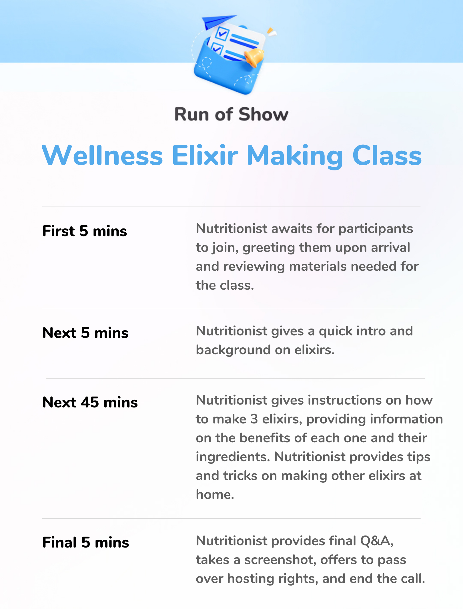 Wellness Elixir Making Class - Run of Show