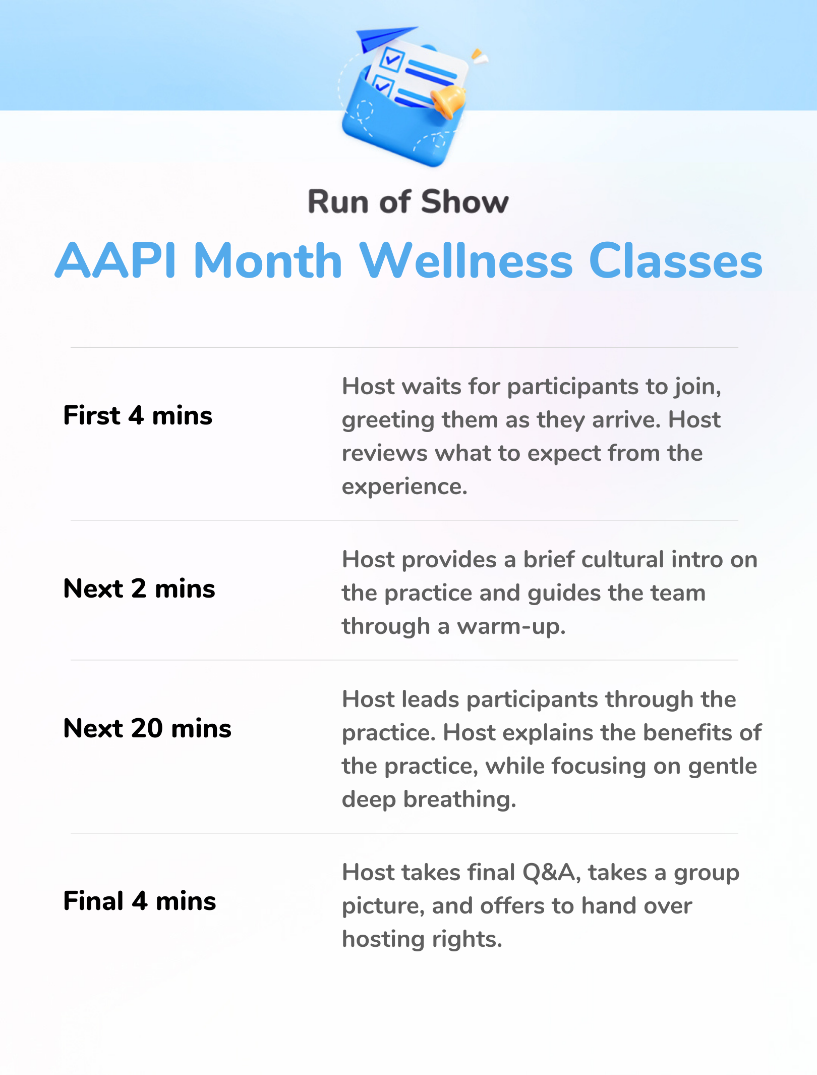 Shortened AAPI Month Wellness Classes - Run of Show