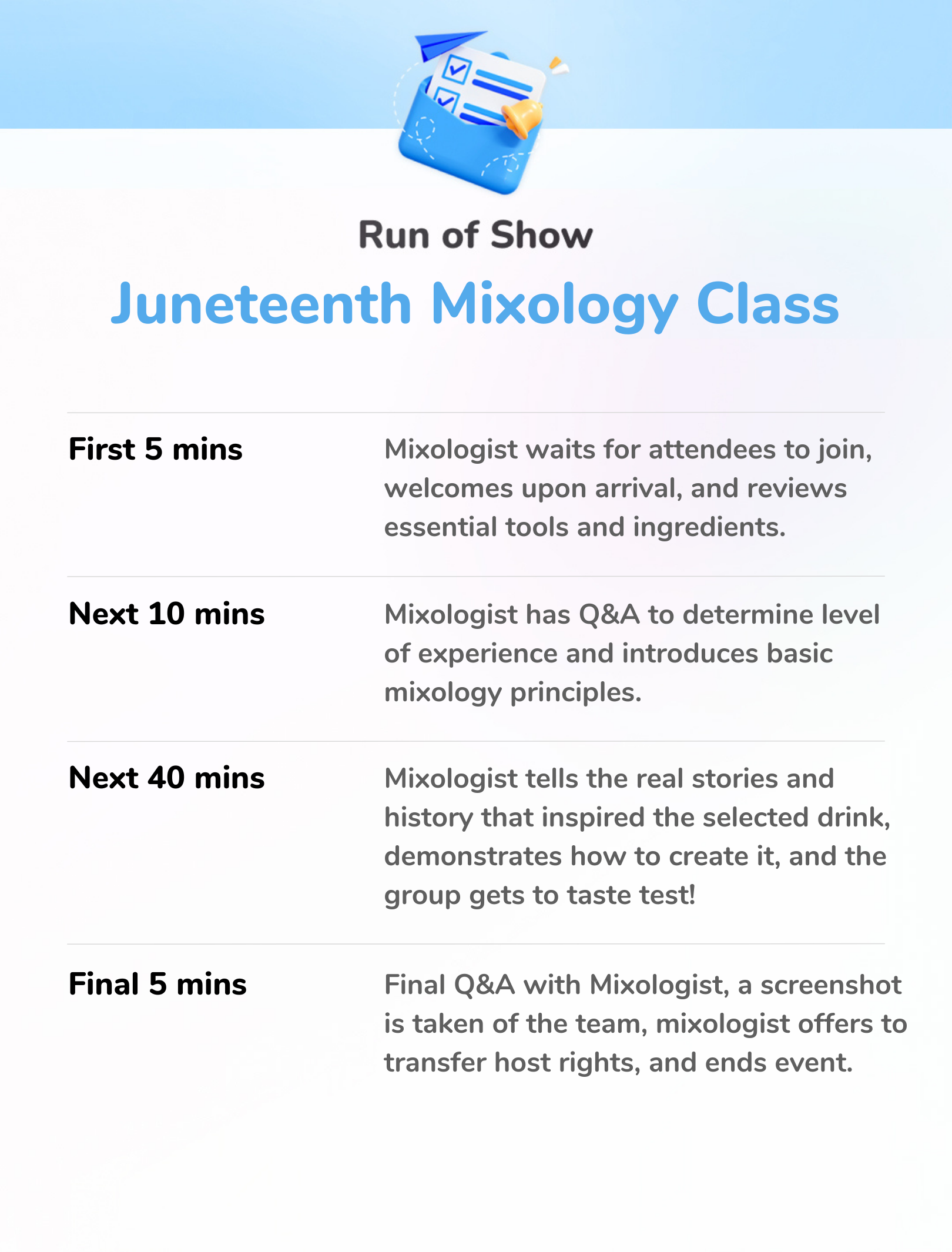 Juneteenth Mixology Class - Run of Show