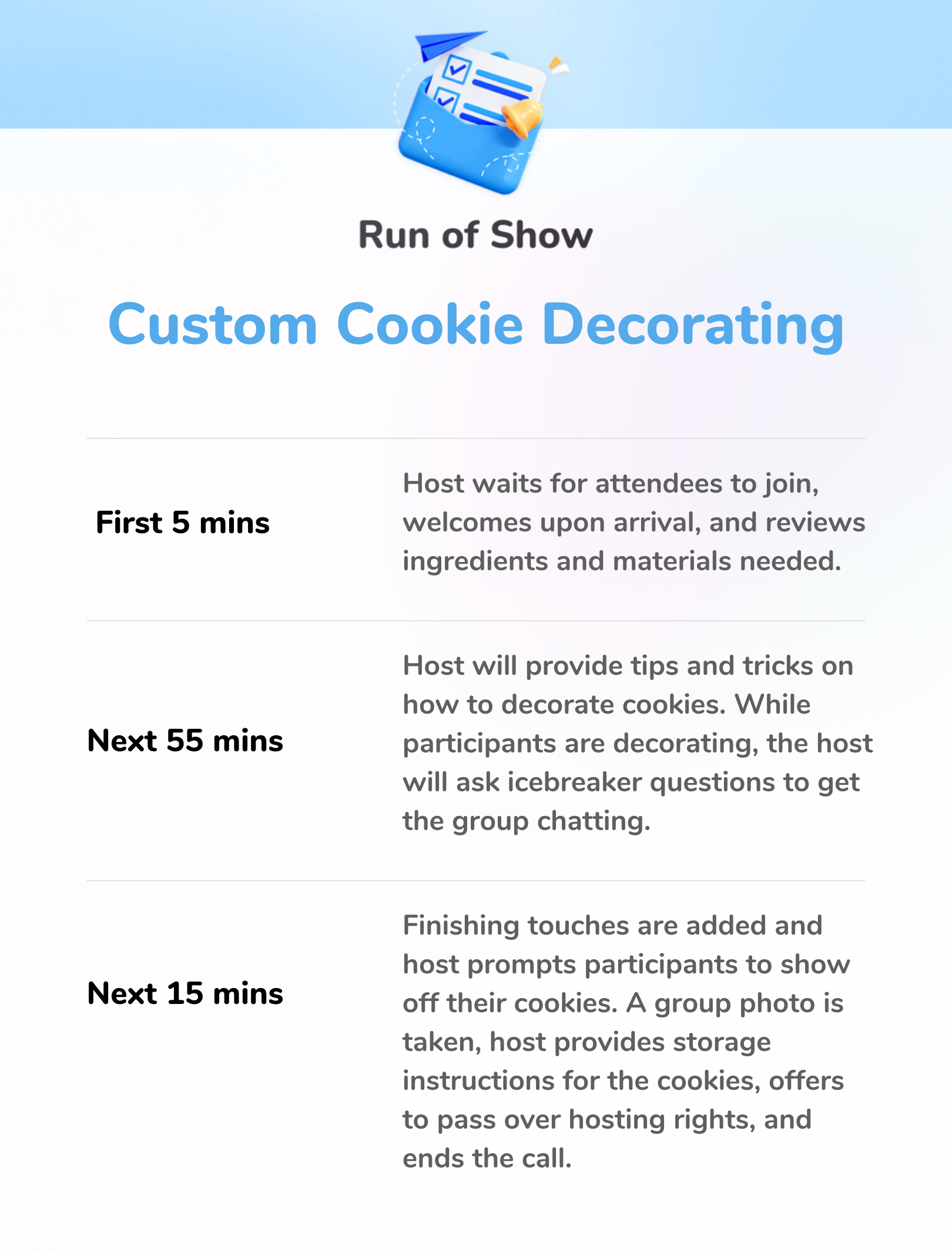 Custom Cookie Decorating - Run of Show