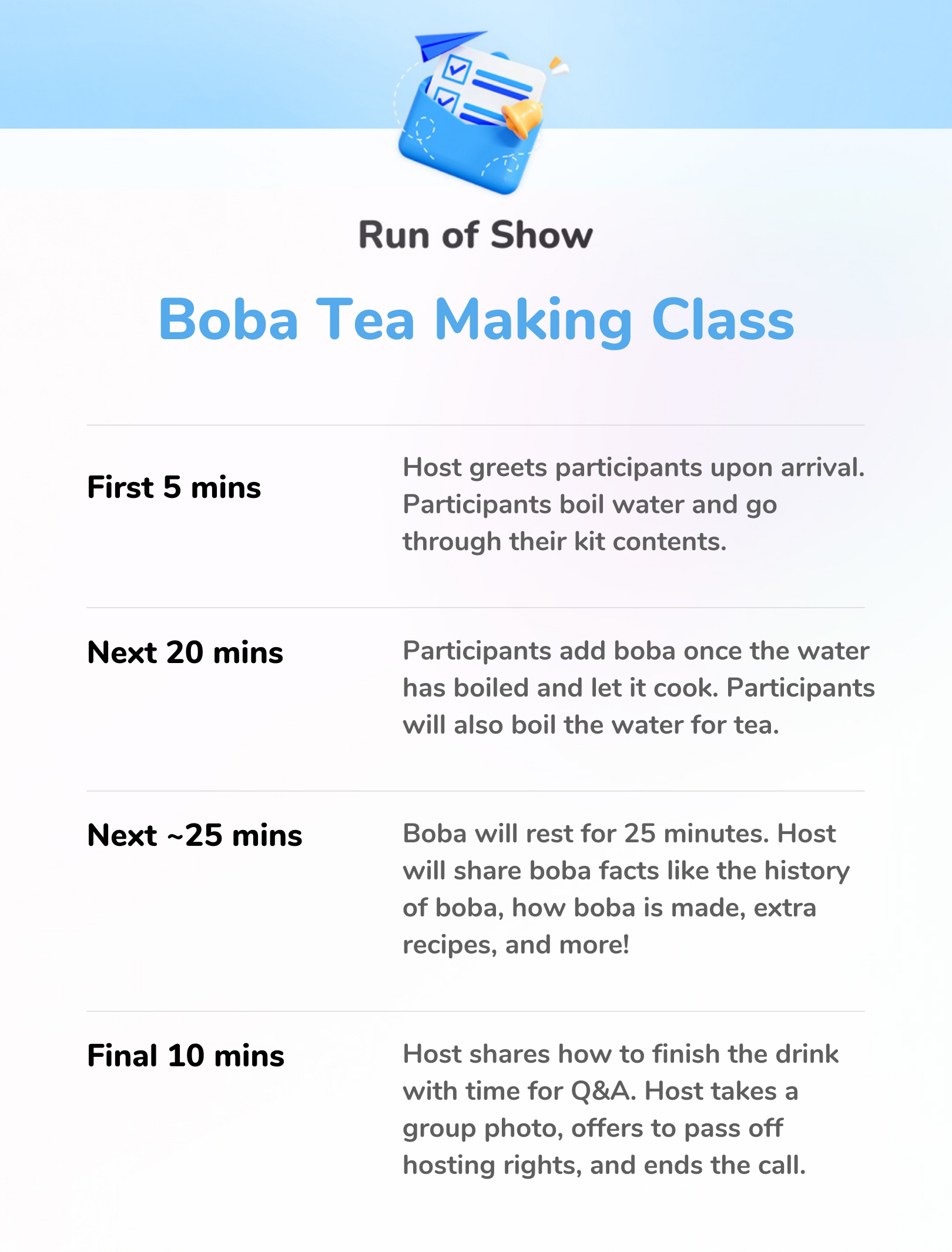 Boba Tea Making Class - Run of Show