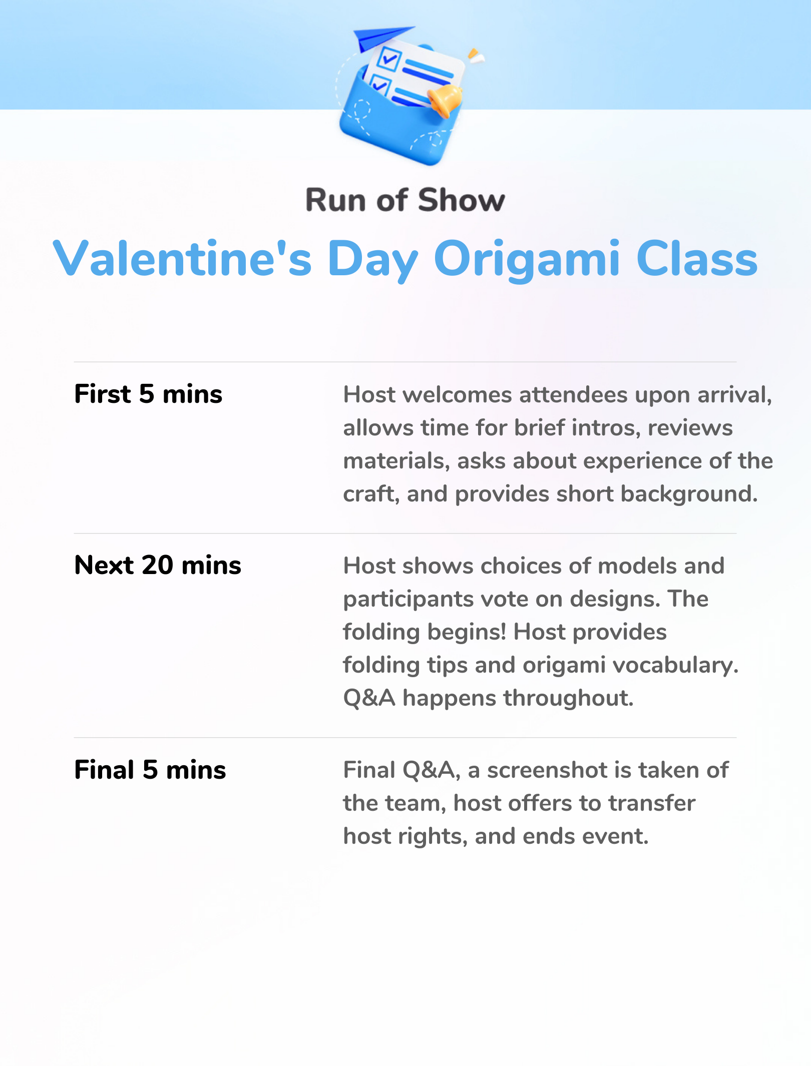 Shortened Valentine's Day Origami Class - Run of Show