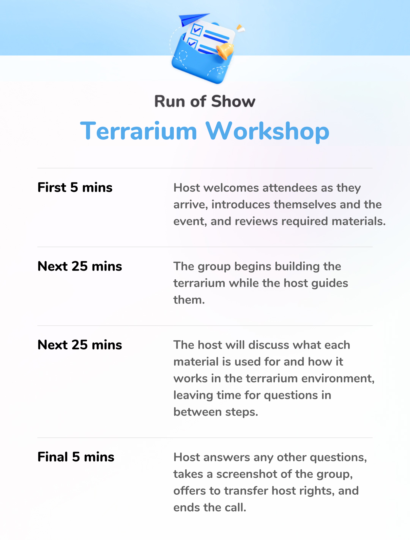 Terrarium Workshop - Run of Show 