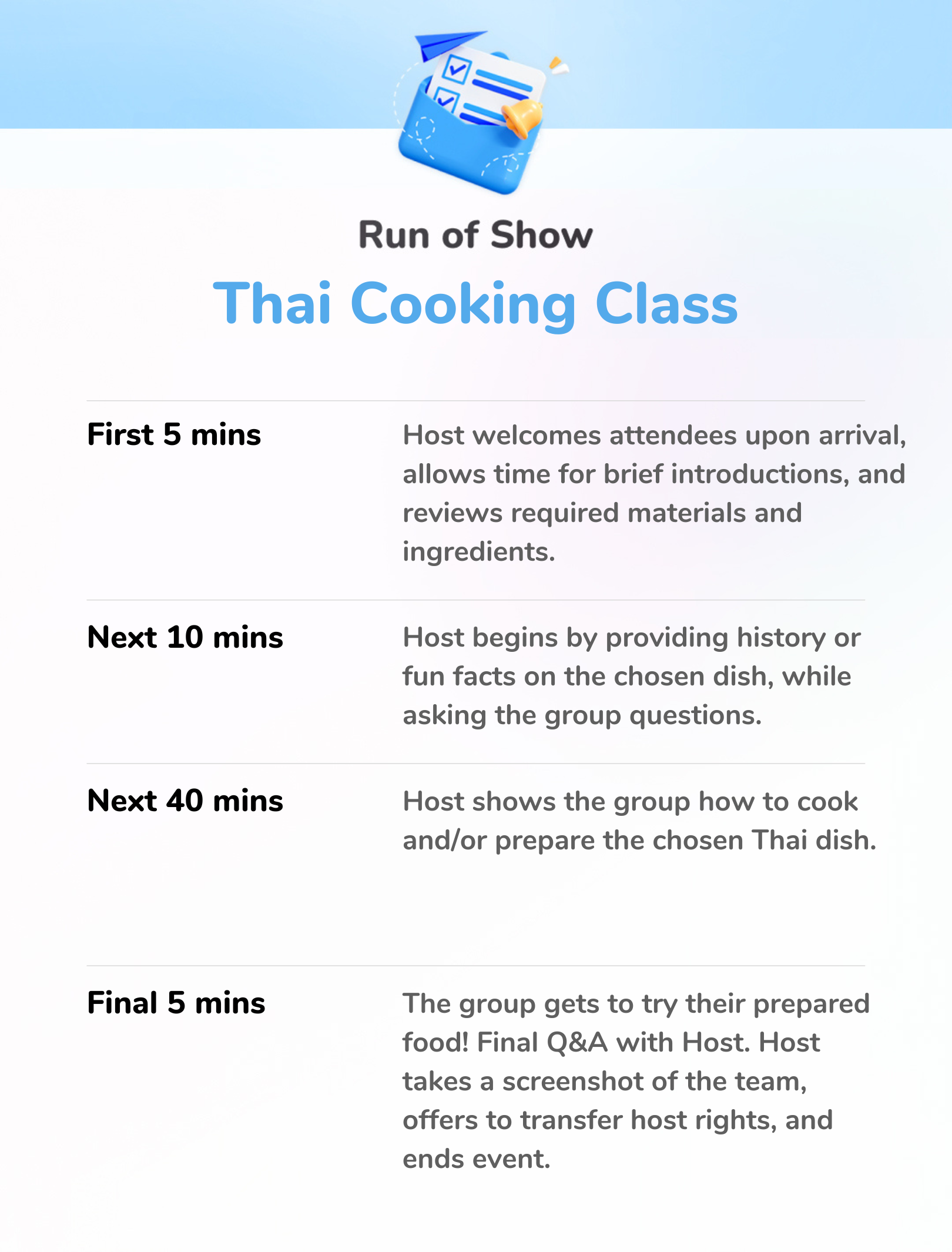 Thai Cooking Class - Run of Show 