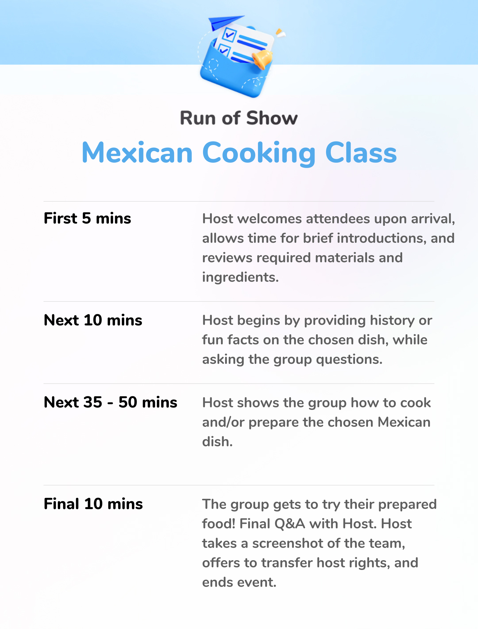 Mexican Cooking Class - Run of Show 