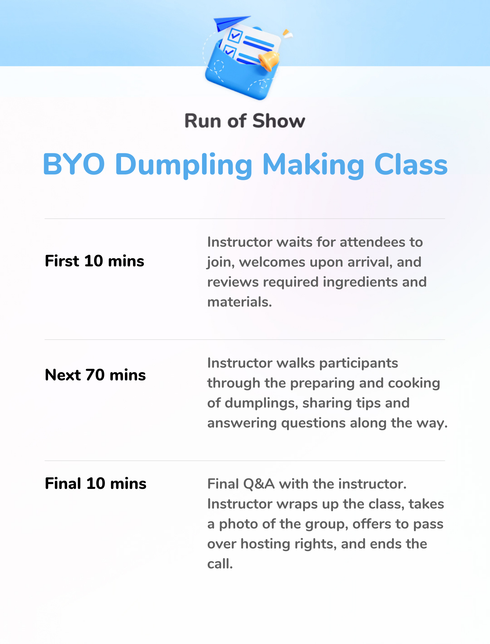 BYO Dumpling Making Class - Run of Show