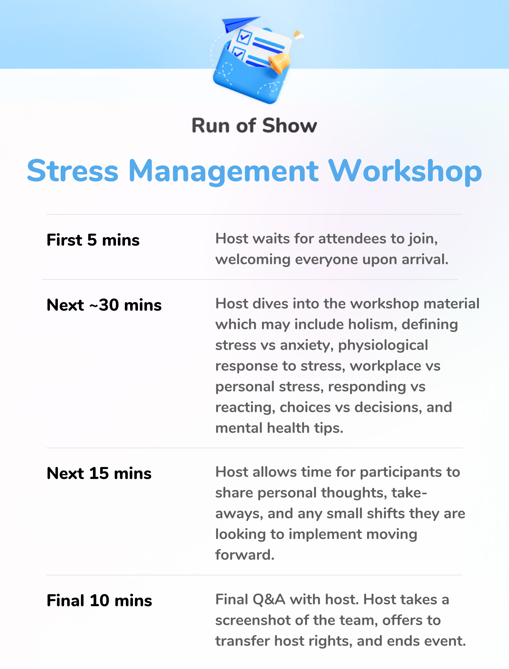 Stress Management Workshop - Run of Show