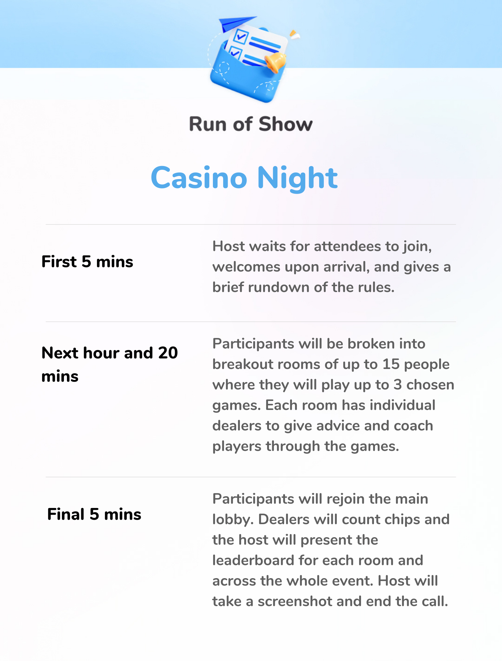 Casino Night - 1.5 Hours Run of Show