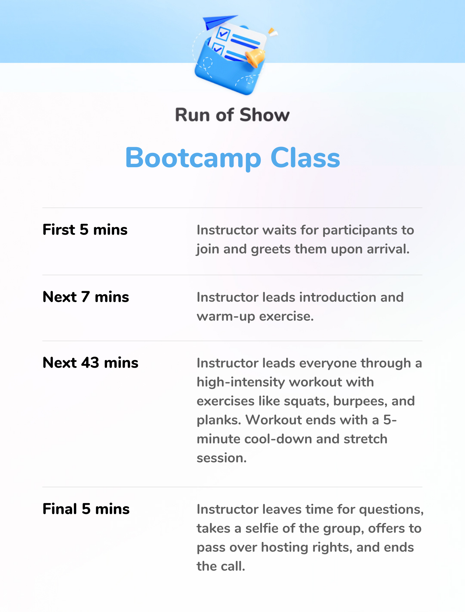 Bootcamp Class - 60-Min Run of Show