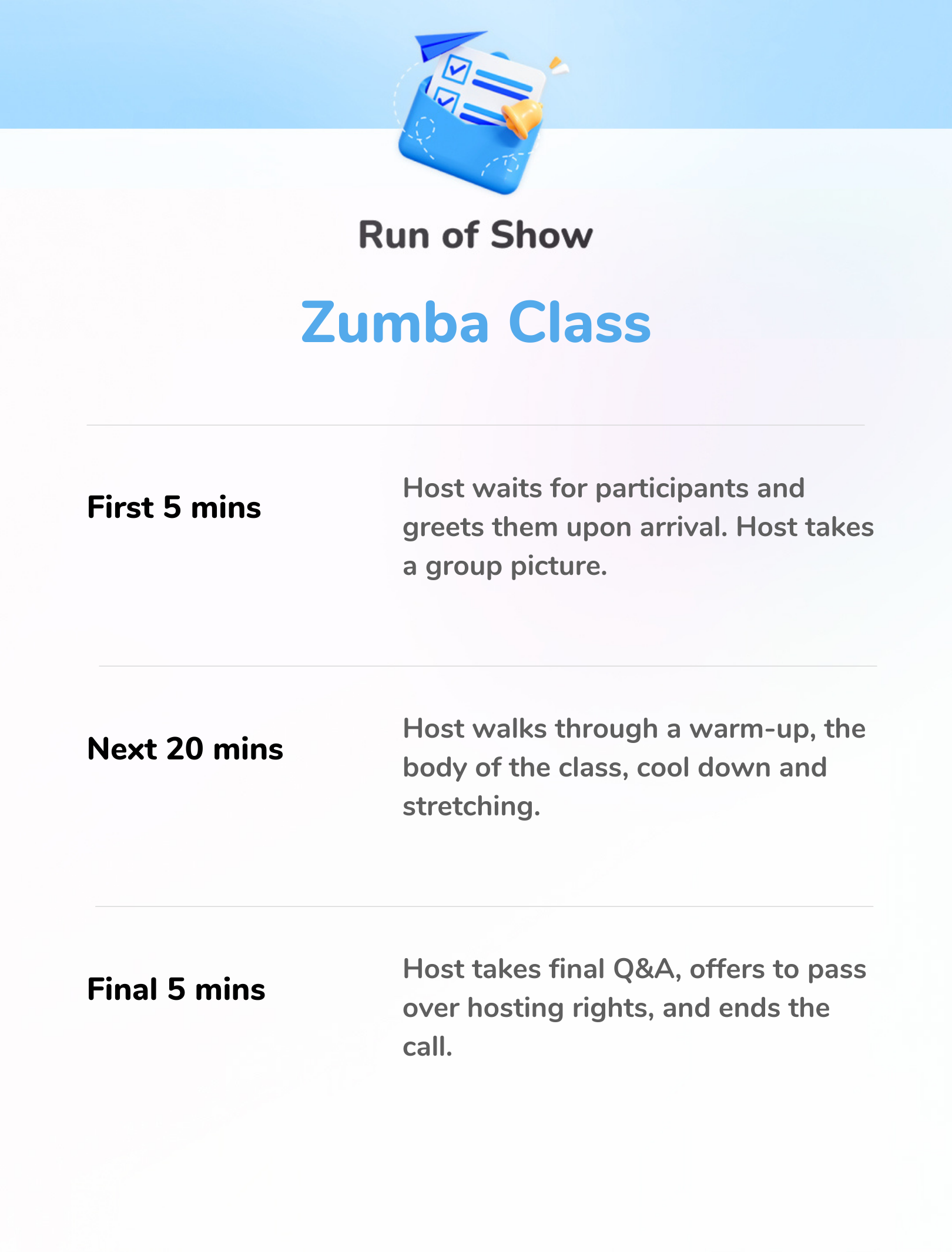 Zumba Class - 30-Min Run of Show