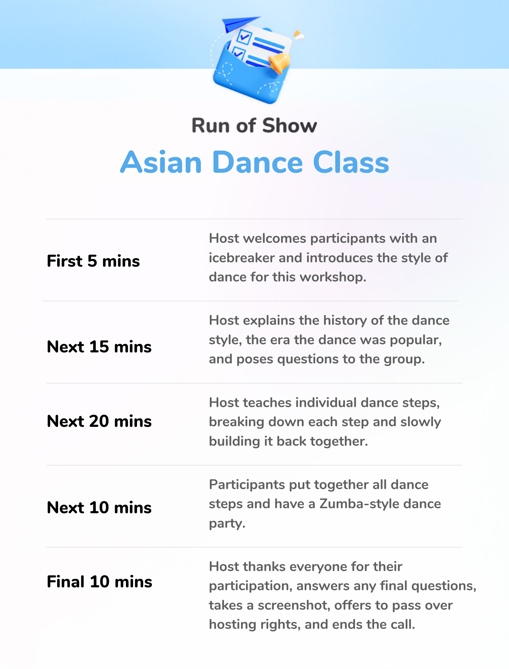 Asian Dance Class - Run of Show