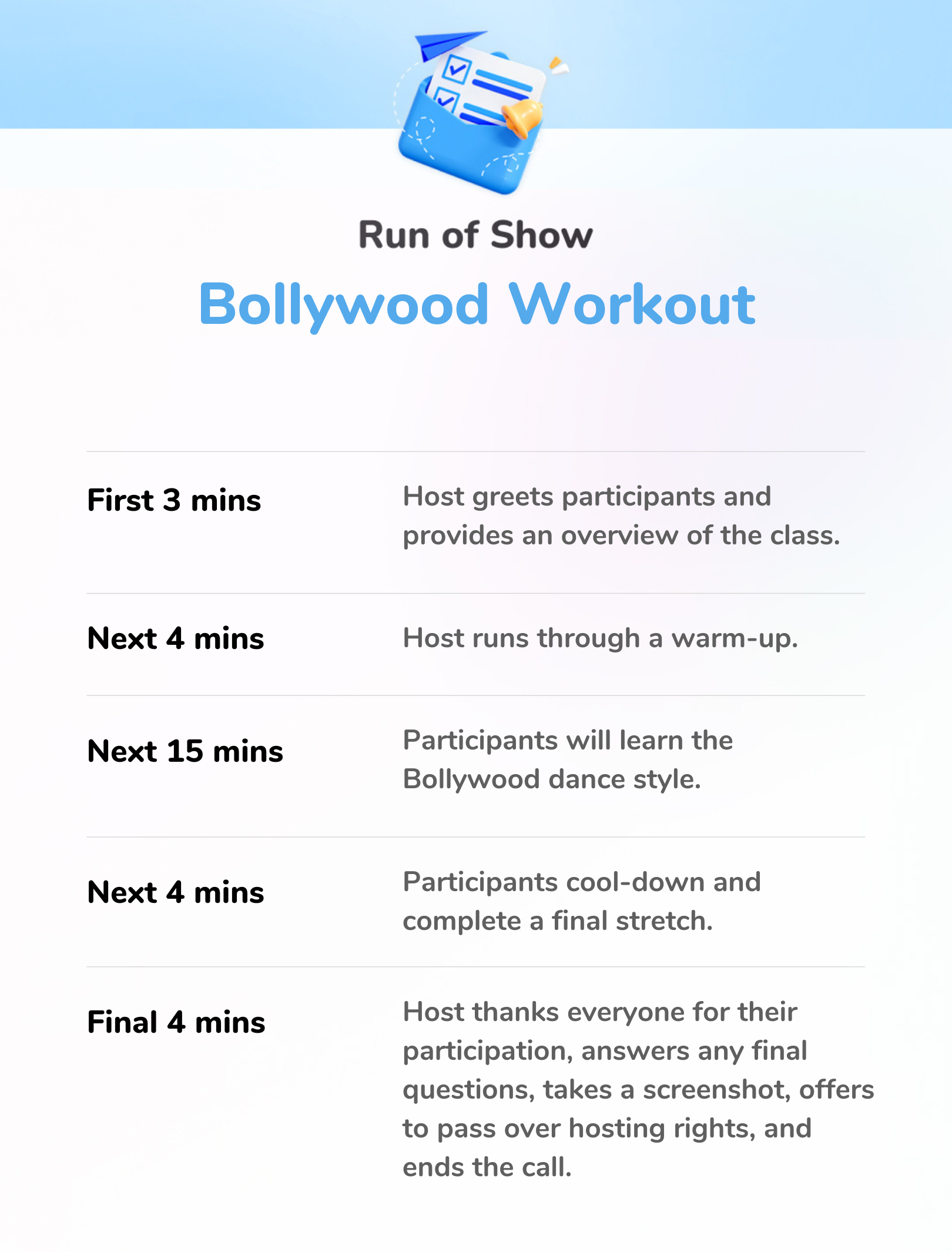 Bollywood Workout - 30-Min Run of Show