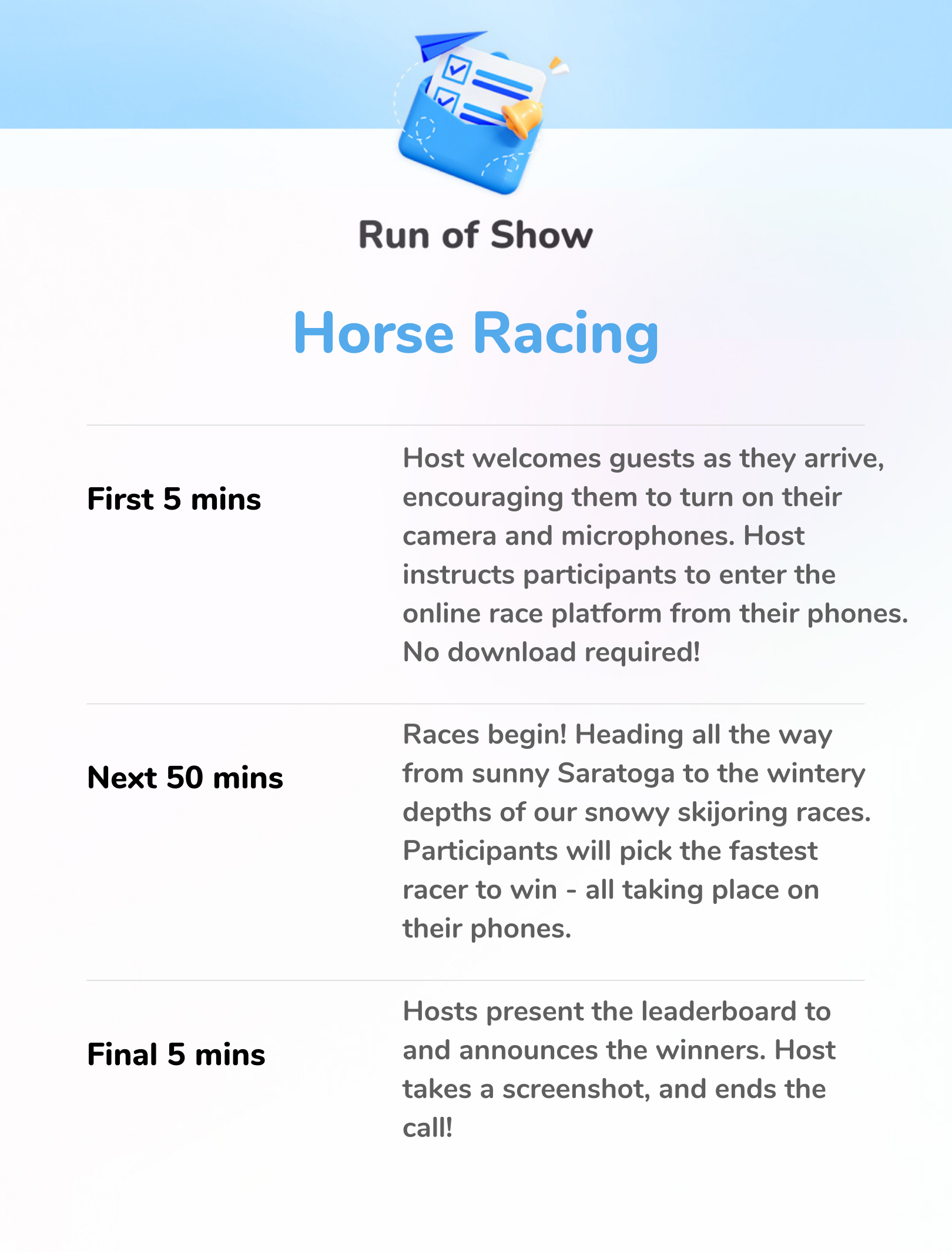 Horse Racing - 60-Min Run of Show