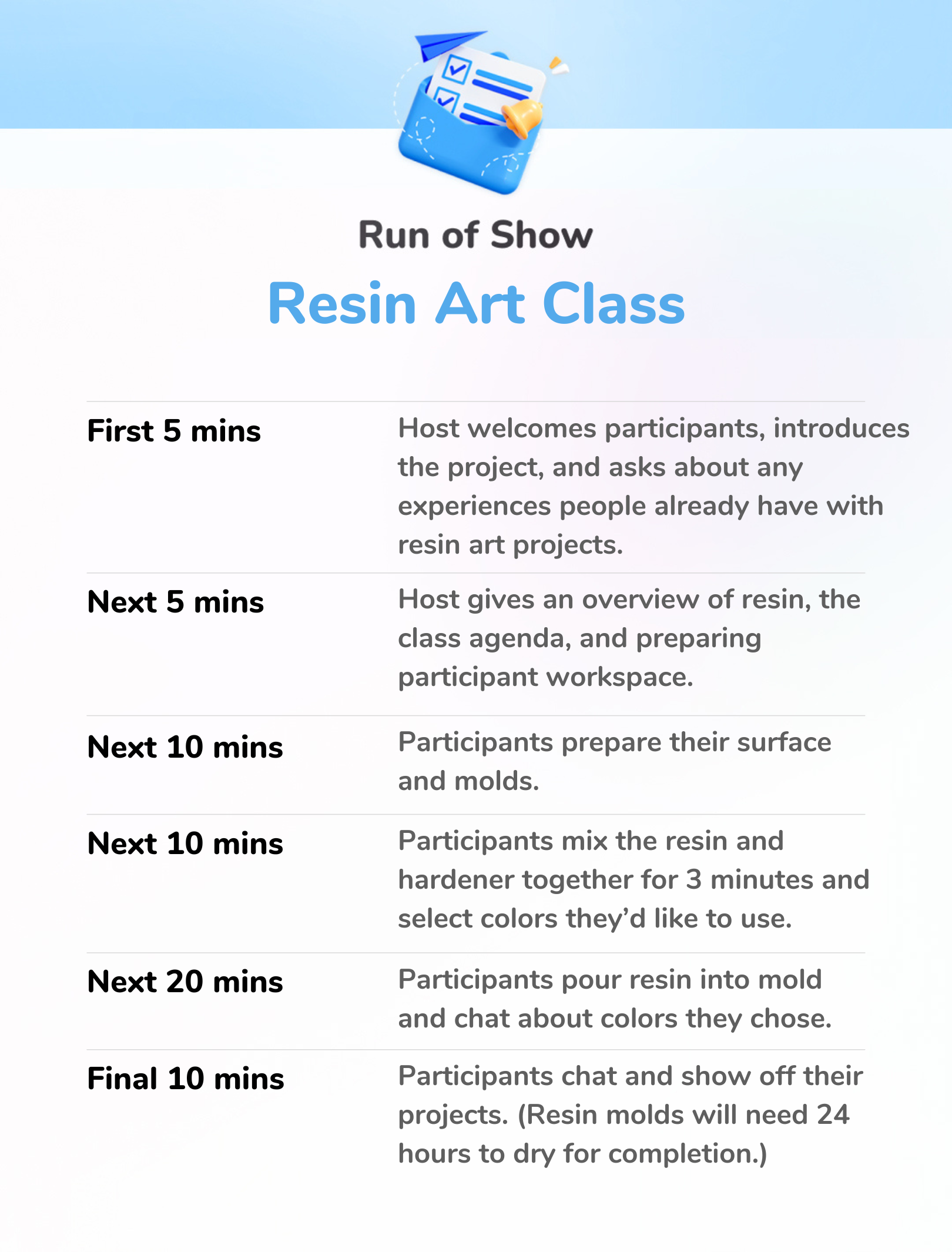 Resin Art Class - Run of Show