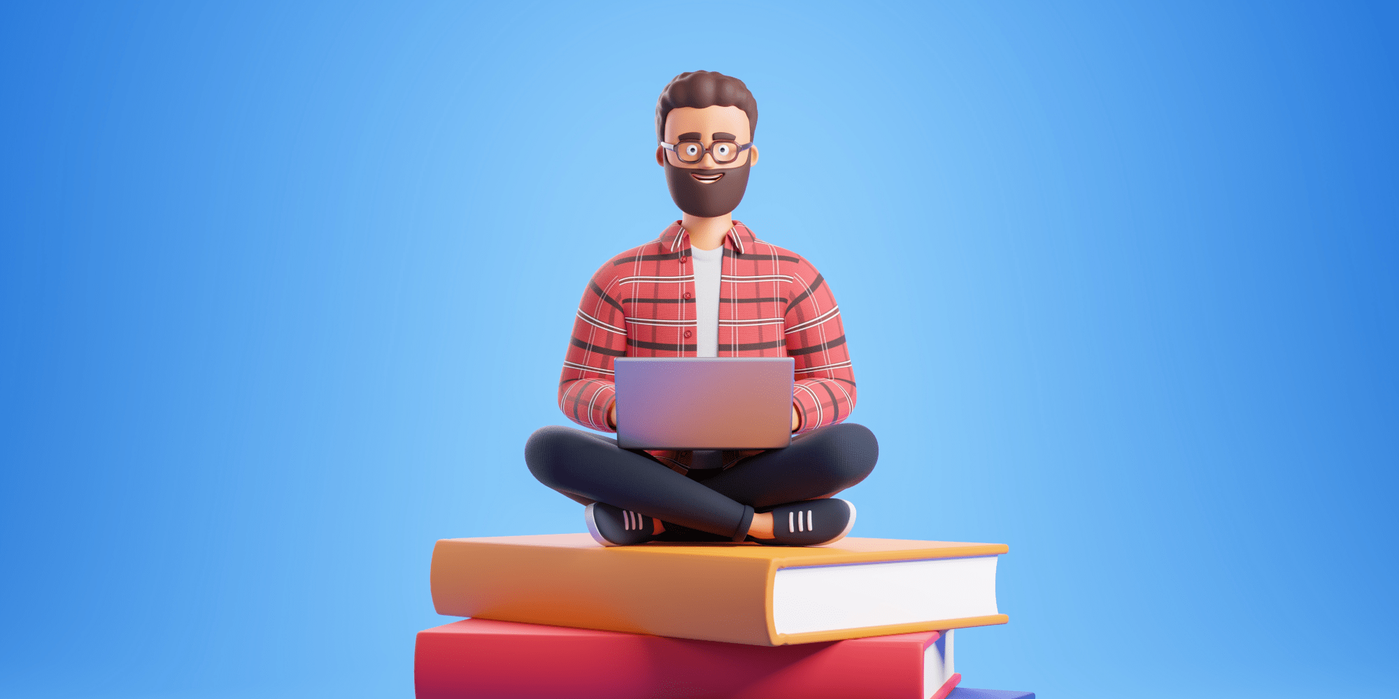 Man sitting on a pile of books on a laptop