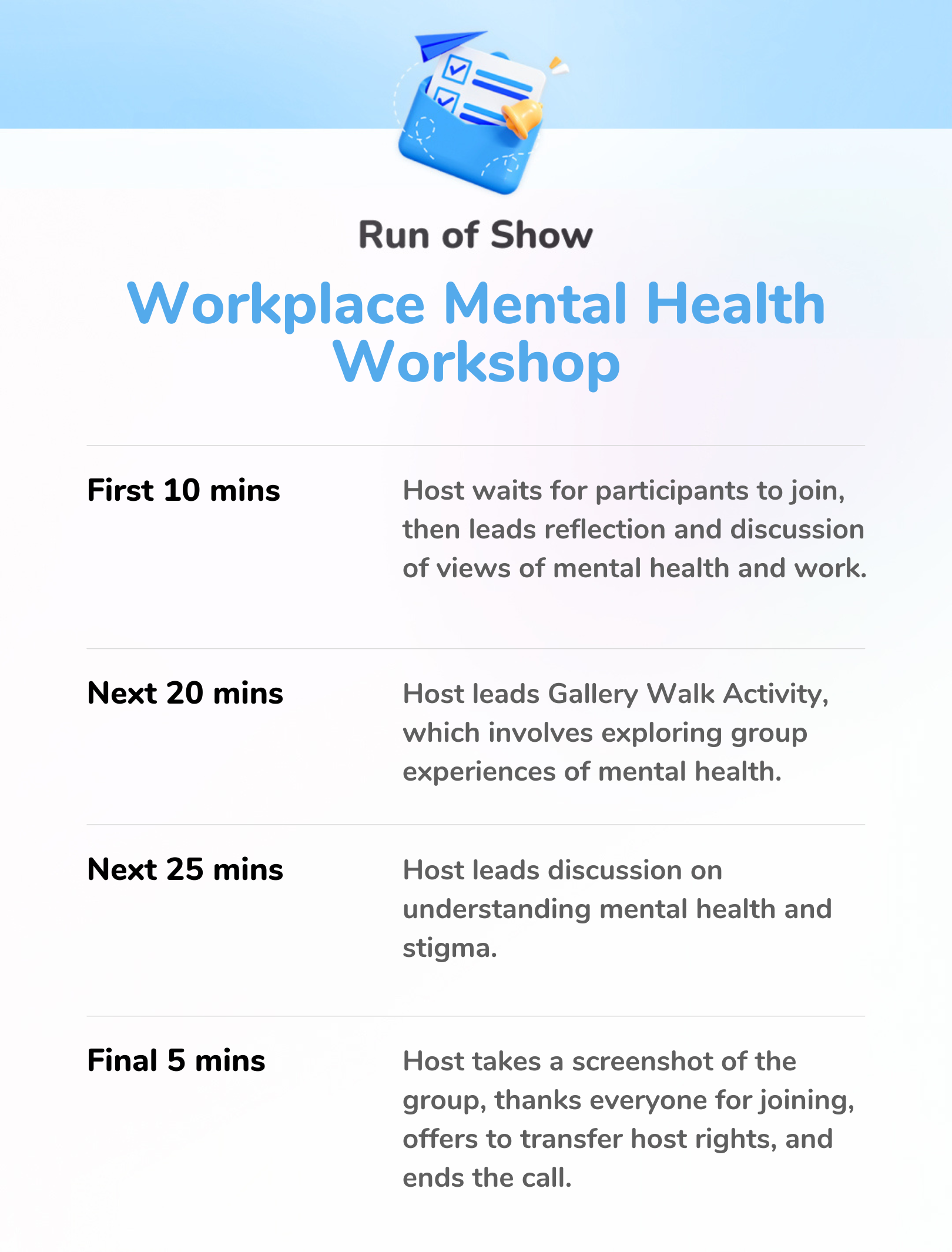 Workplace Mental Health Workshop - Run of Show