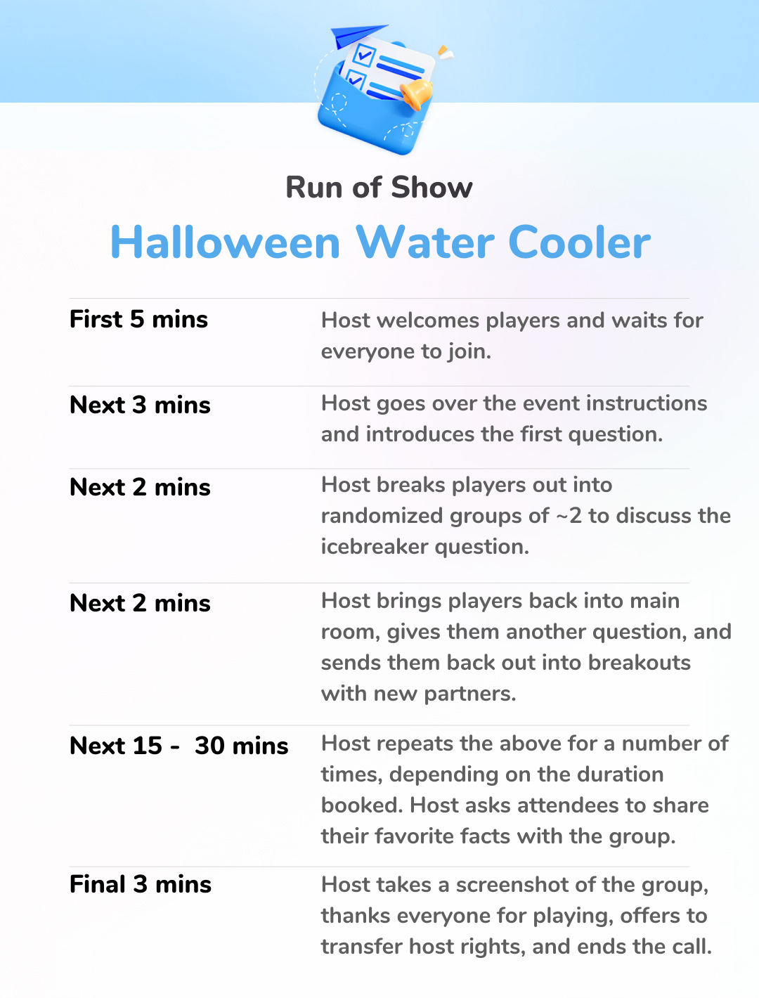 Halloween Water Cooler - Run of Show