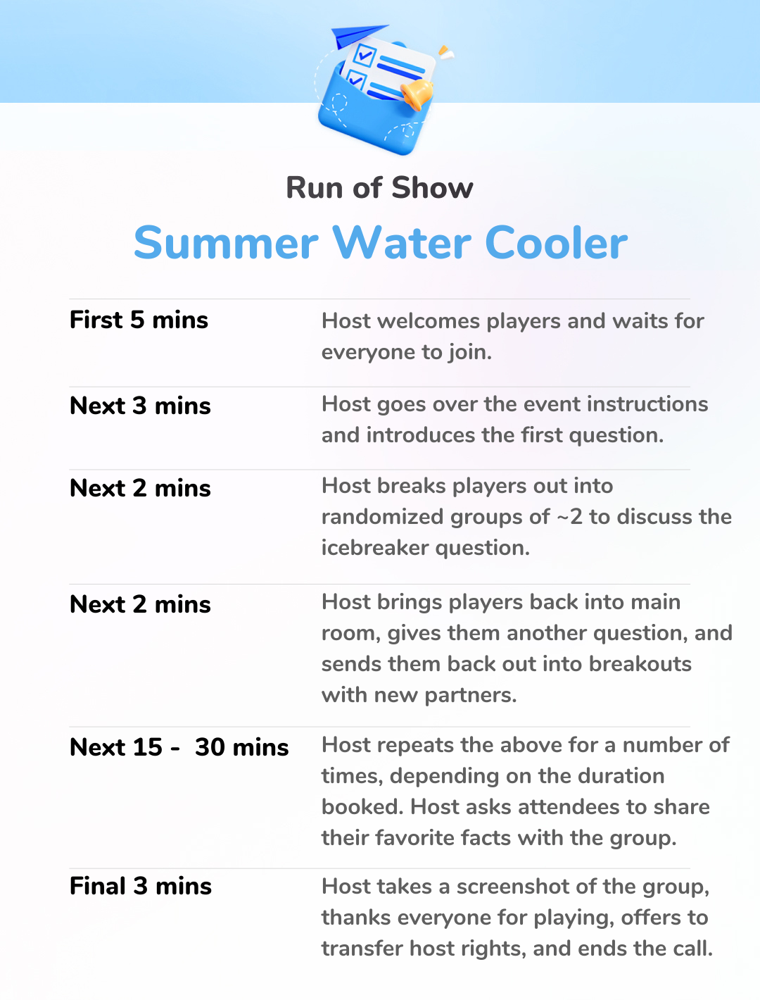 Summer Water Cooler - Run of Show