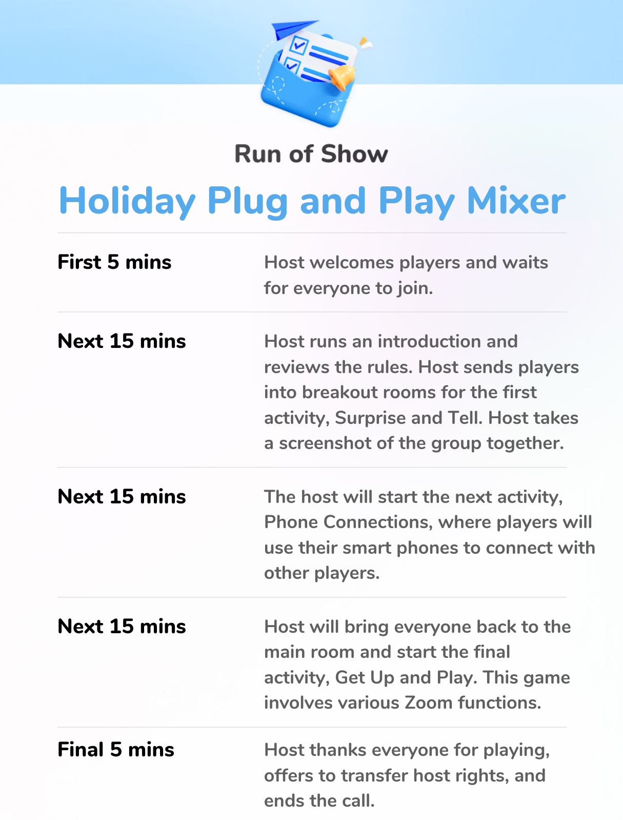 Holiday Plug and Play Mixer - Run of Show