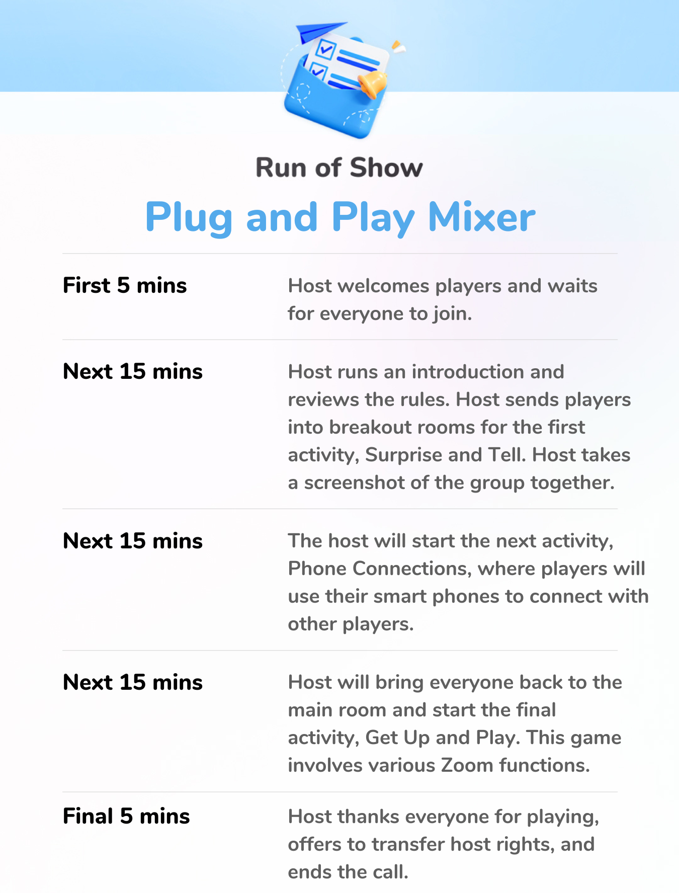 Plug and Play Mixer - Run of Show 