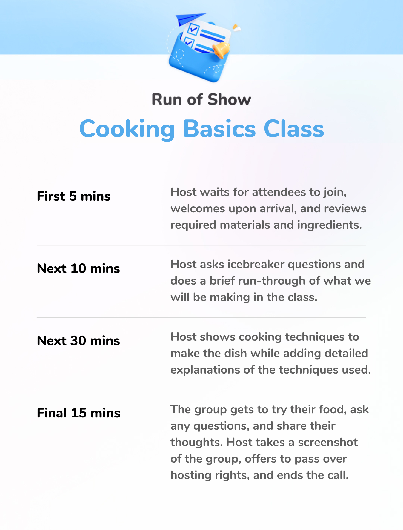 Cooking Basics Class - Run of Show