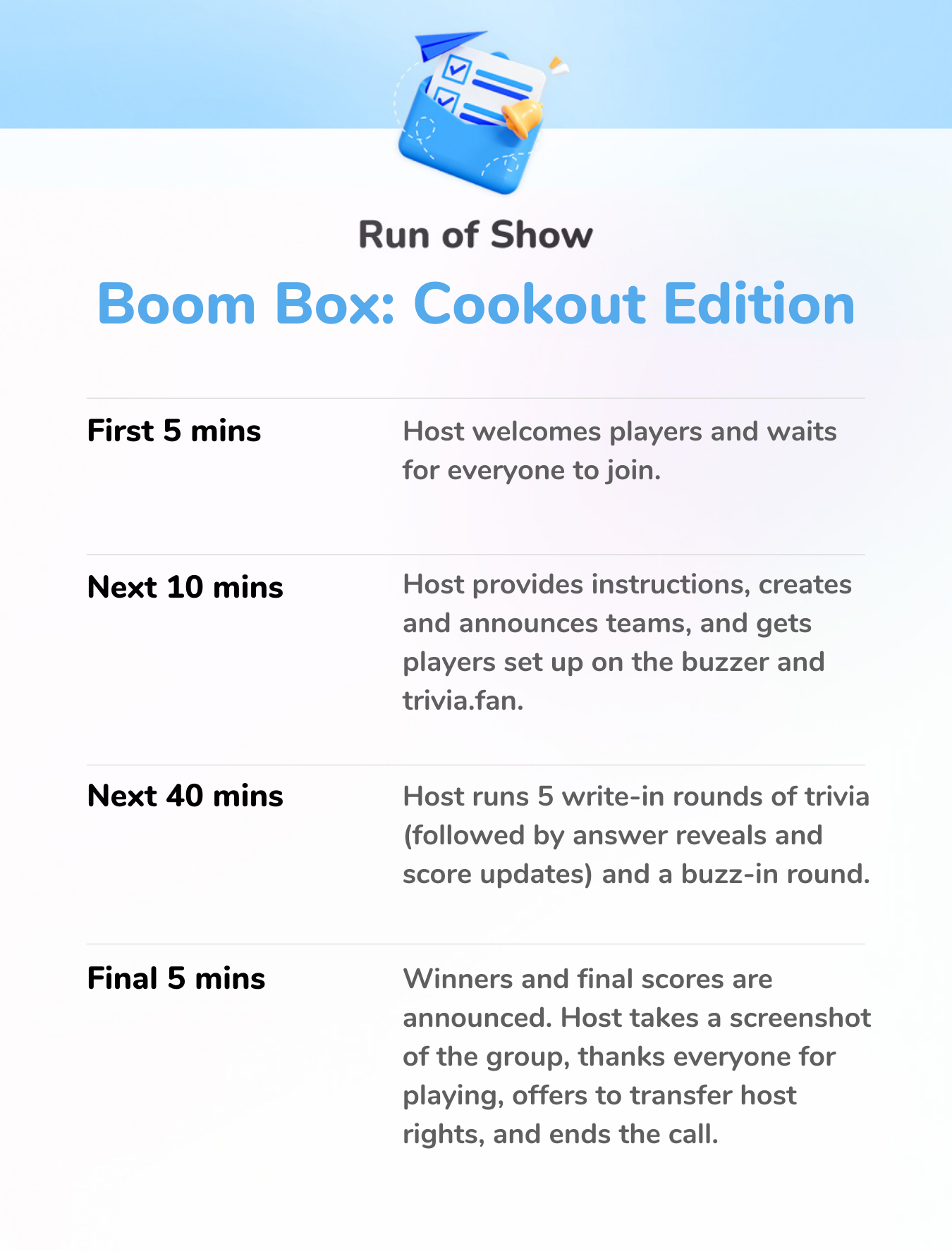 Boom Box: Cookout Edition - Run of Show